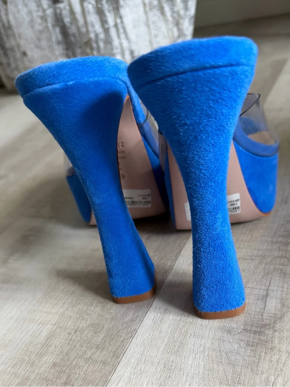 SCHUTZ Electric Blue Suede Platform Heels with Clear PVC Strap